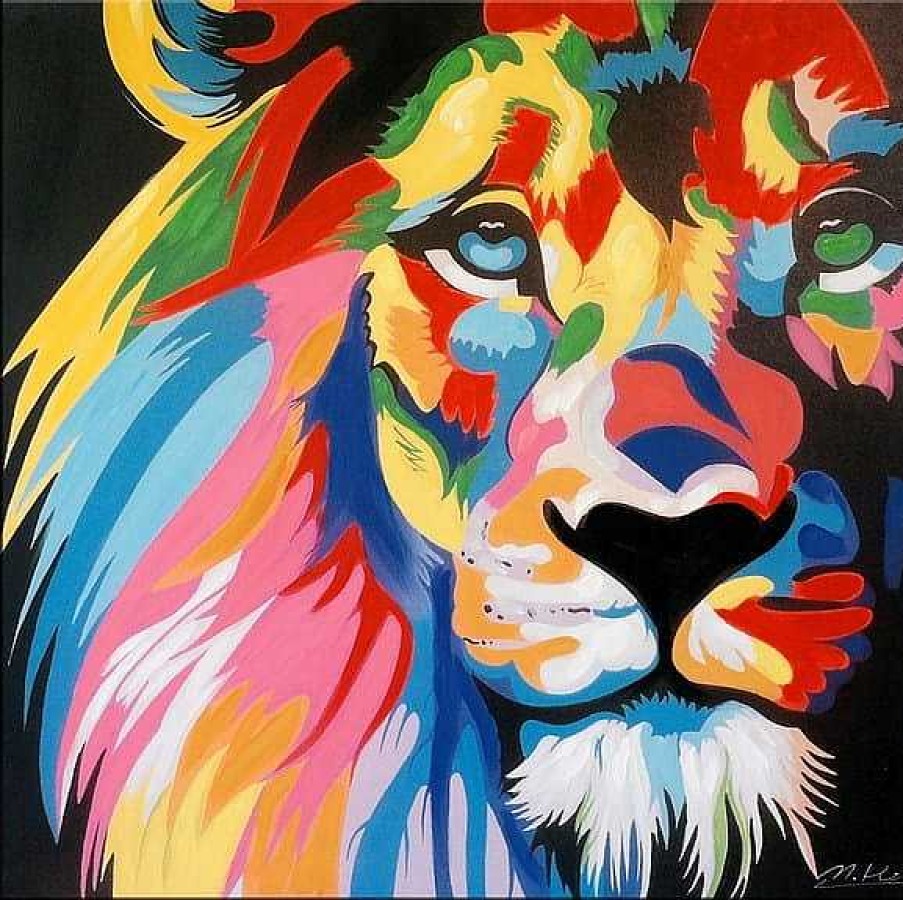 Kunst & Ambiente Colourful Pop Art Lion - Modern Acrylic Painting - Martin Klein Oil Painting