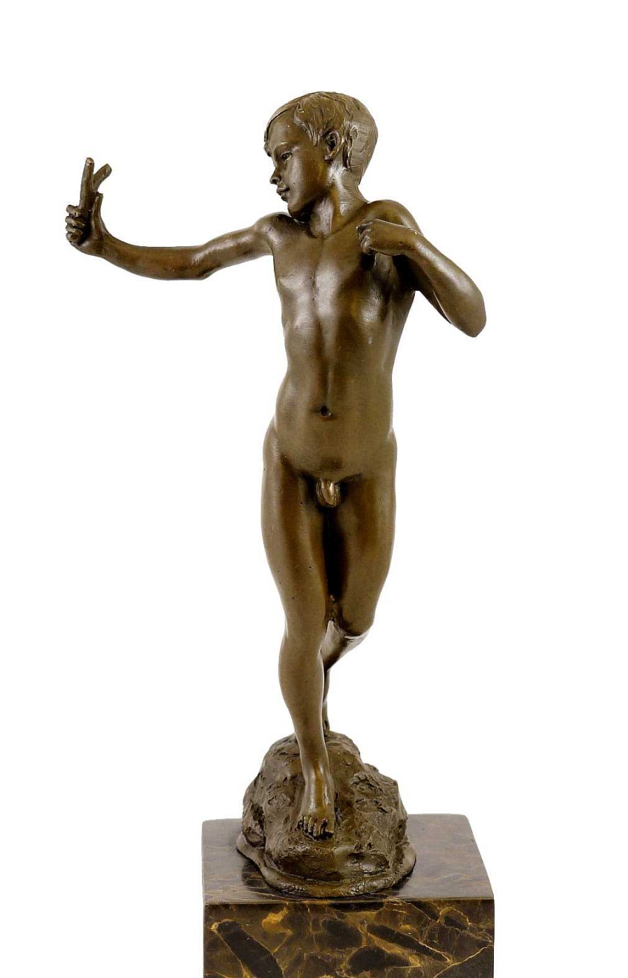 Miguel Fernando Lopez (Milo) Small Male Nude Bronze - Boy With Catapult - Signed Milo Art Nouveau Statues