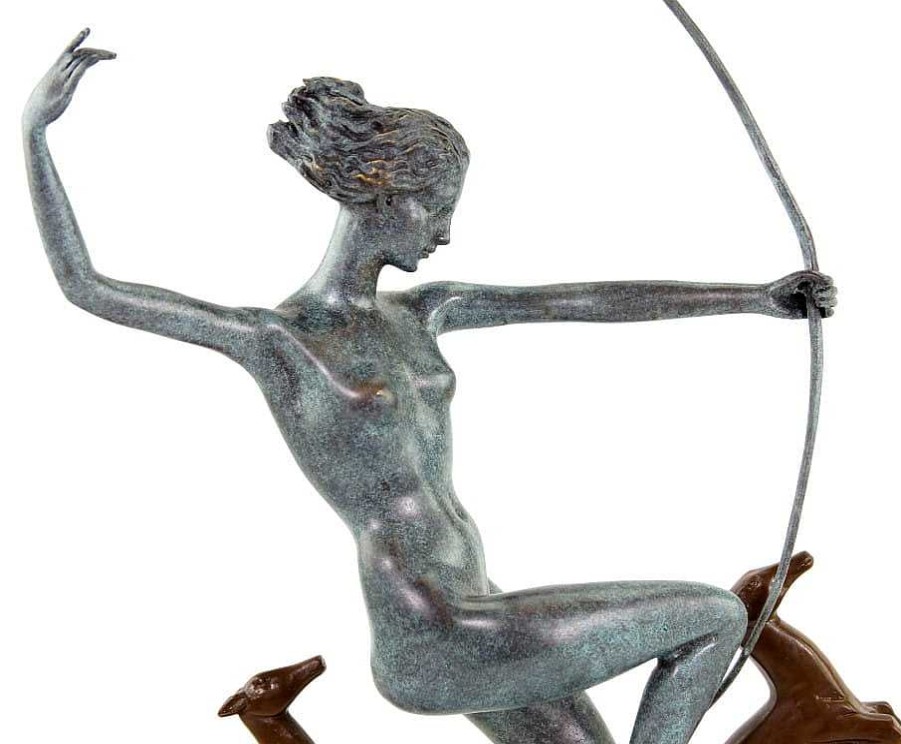 Kunst & Ambiente Art Deco Bronze Statue - Diana With Fawns - Signed A. Bouraine Art Deco Figurines