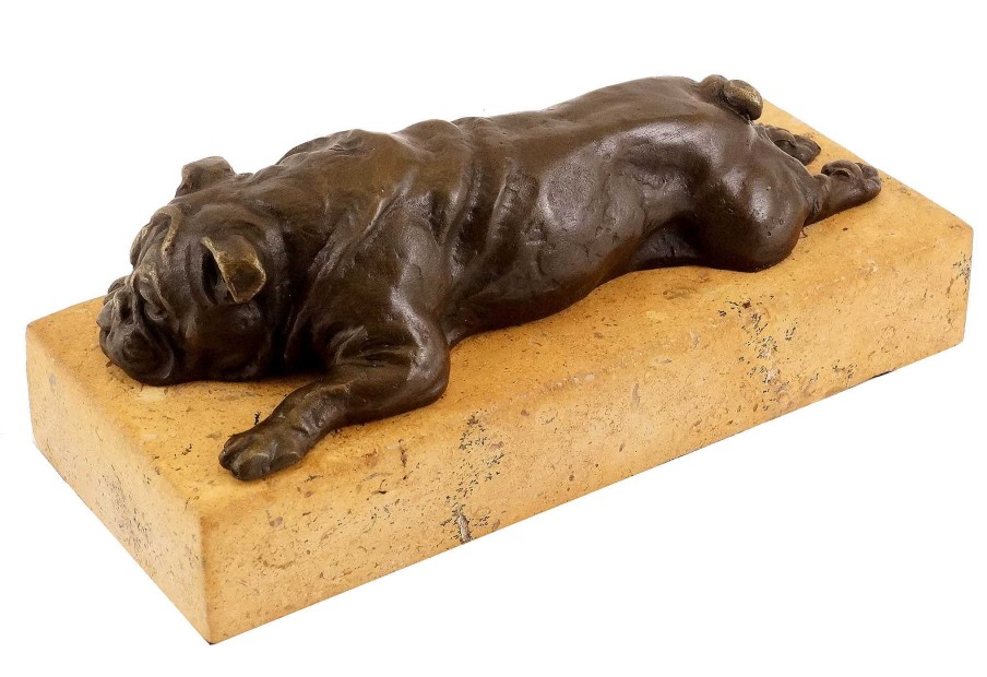 Kunst & Ambiente British Bulldog On A Yellow Natural Stone Base - Bronze Figure Erotic Nudes - Vienna Bronze