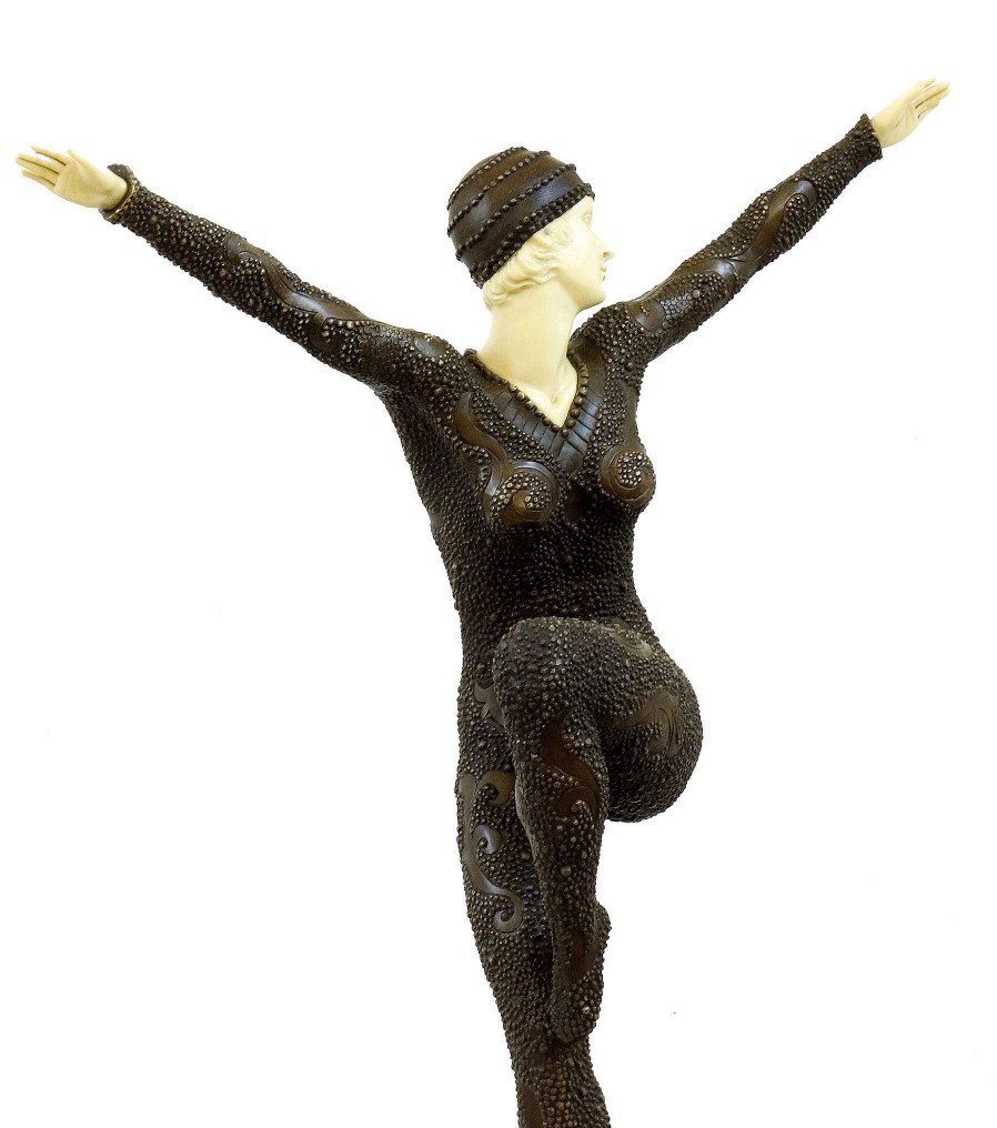 Demétre Haralamb Chiparus Tall Art Deco Sculpture - Female Dancer On Marble - Chiparus Art Deco Figurines