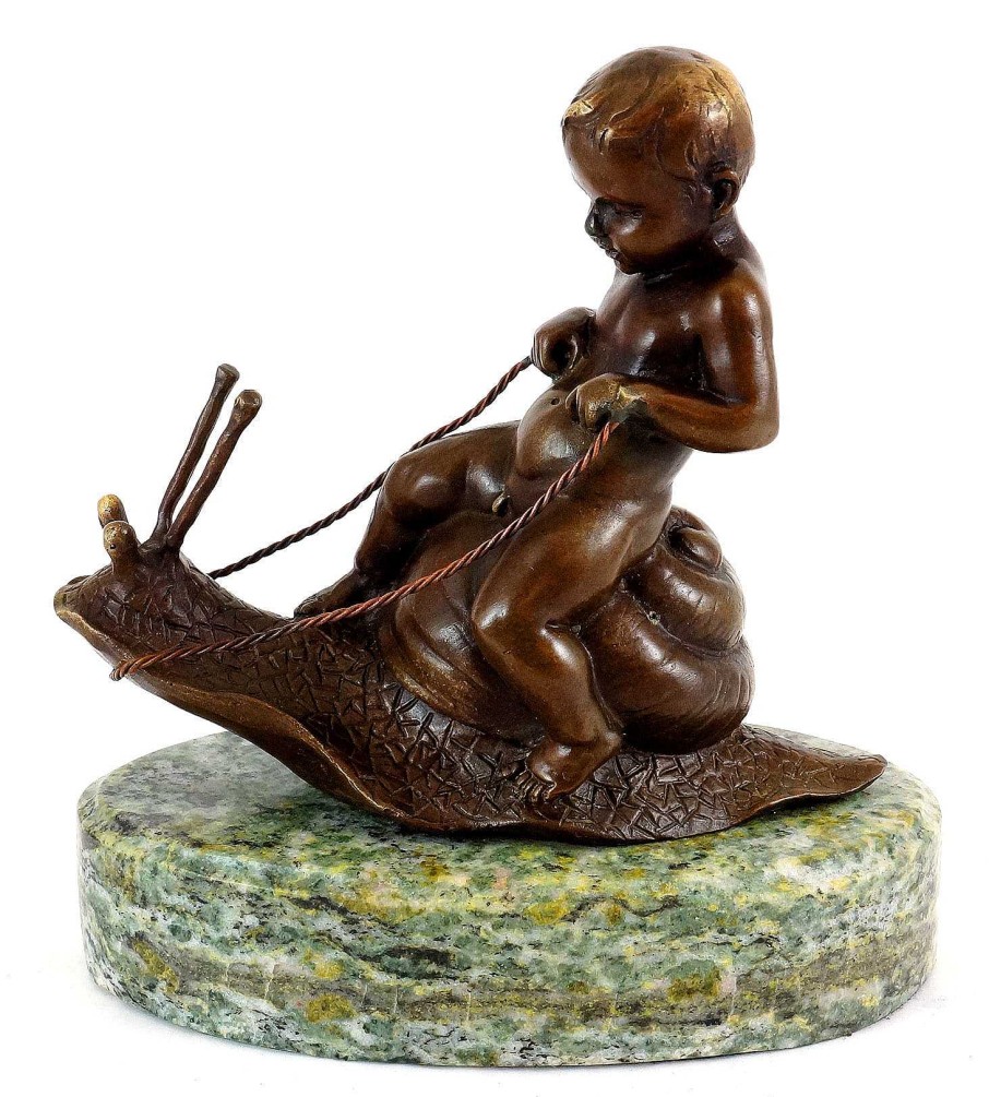 Kunst & Ambiente Child Bronze - Boy Riding A Snail - Art Nouveau - B. Zach Art Nouveau Statues