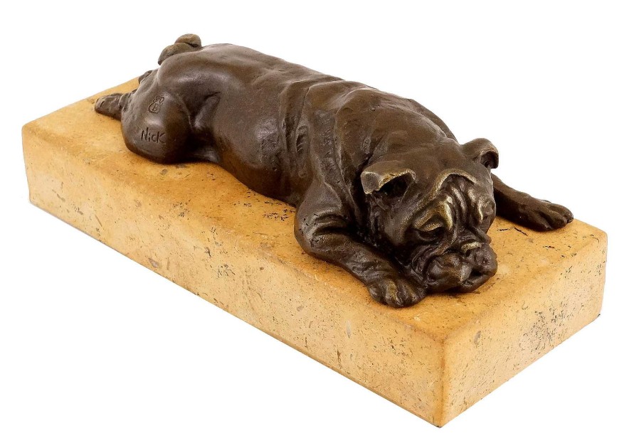 Kunst & Ambiente British Bulldog On A Yellow Natural Stone Base - Bronze Figure Animal Sculptures