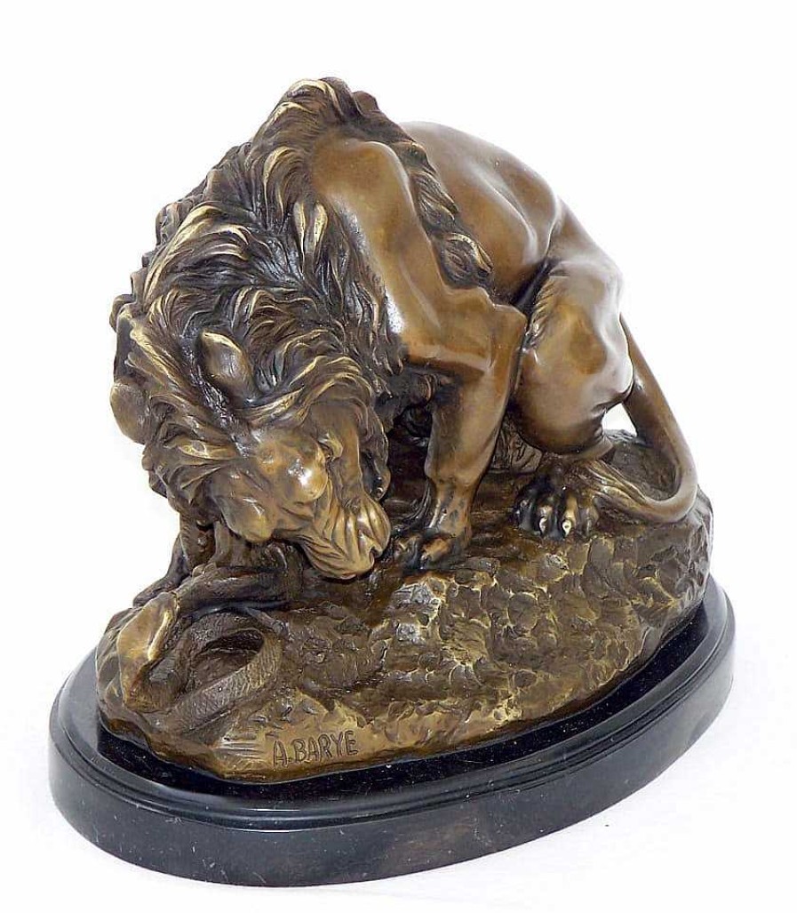 Antoine-Louis Barye Lion Fights Against A Snake - Bronze On Marblebase, Artist Signed Animal Sculptures