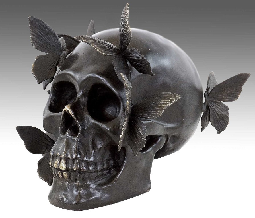 Martin Klein Bronze Skull With Butterflies - Signed Martin Klein Contemporary Art