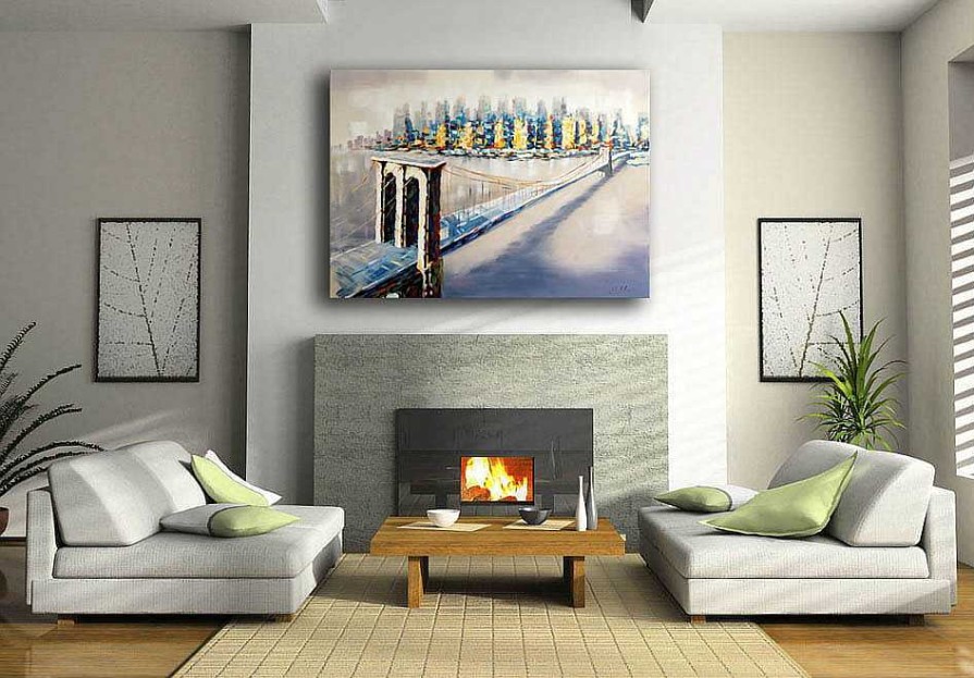 Martin Klein Oil Painting - Brooklyn Bridge In New York - Signed - M. Klein Acrylic Painting