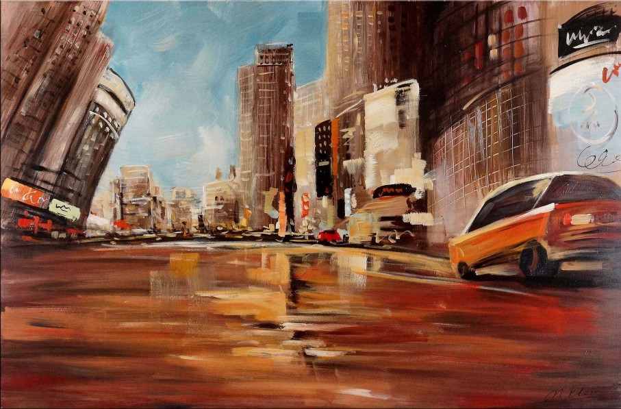 Martin Klein Street Scene In New York - Martin Klein - Oil On Canvas Oil Painting