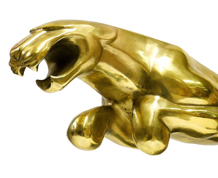 Kunst & Ambiente Huge Sculpture - Big Panther Jumping - Bronze On Marble Base Garden Statues