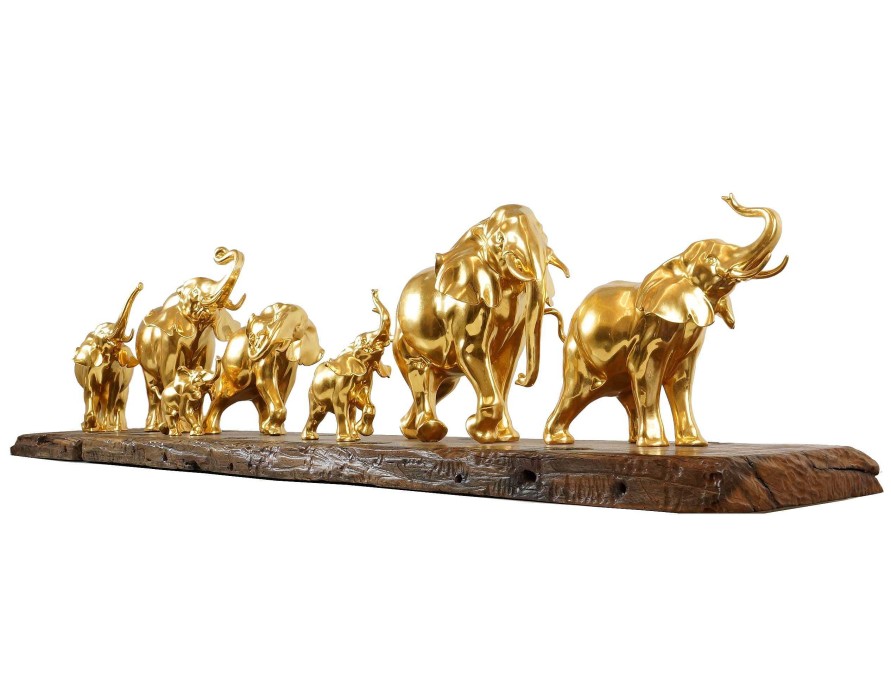 Miguel Fernando Lopez (Milo) Gilded Herd Of Elephants By Milo - Elephant Figurine - Elephant Statue - Elephant Sculpture Contemporary Art