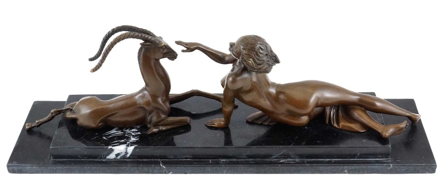 Kunst & Ambiente Female Nude With Gazelle - Art Deco Bronze - Marcel Bouraine Art Deco Figurines