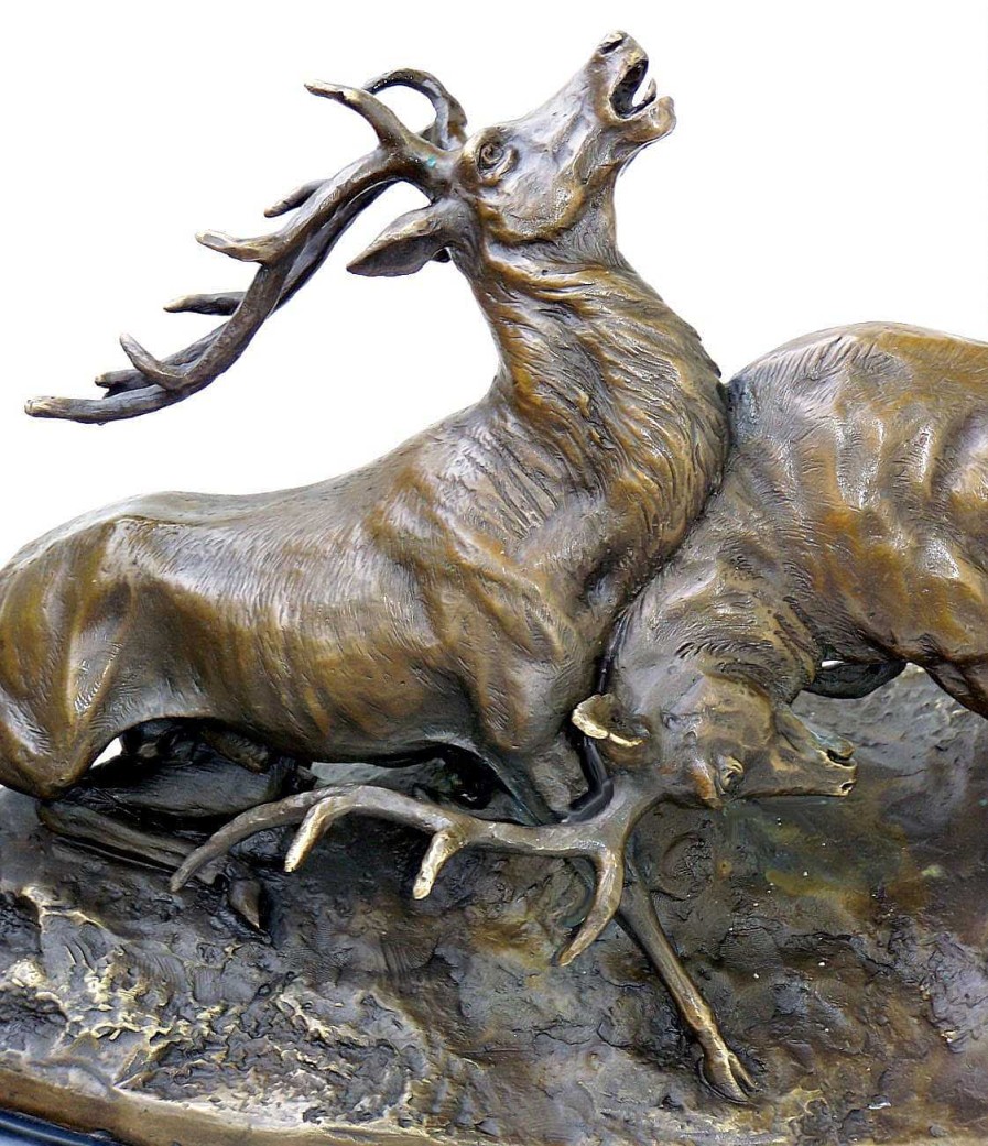 Kunst & Ambiente Animal Bronze - Fighting Deers - On Marble Base Signed Animal Sculptures