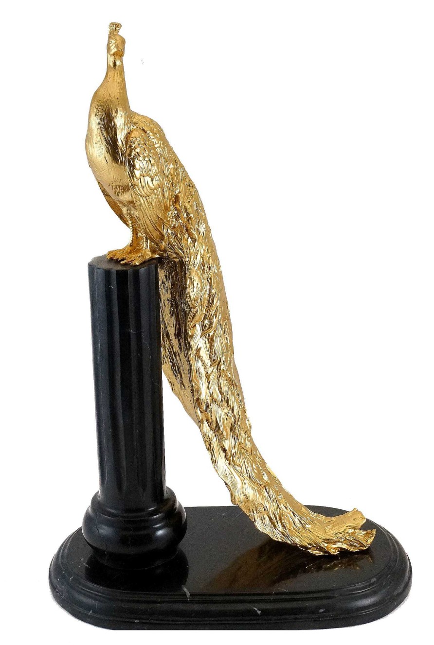 Kunst & Ambiente Proud Peacock On Marble - Gilded With Gold Leaf - Bronze Animal Sculptures