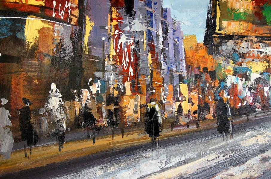 Martin Klein Modern Art Acrylic Painting - Broadway Scene - Signed M. Klein Oil Painting