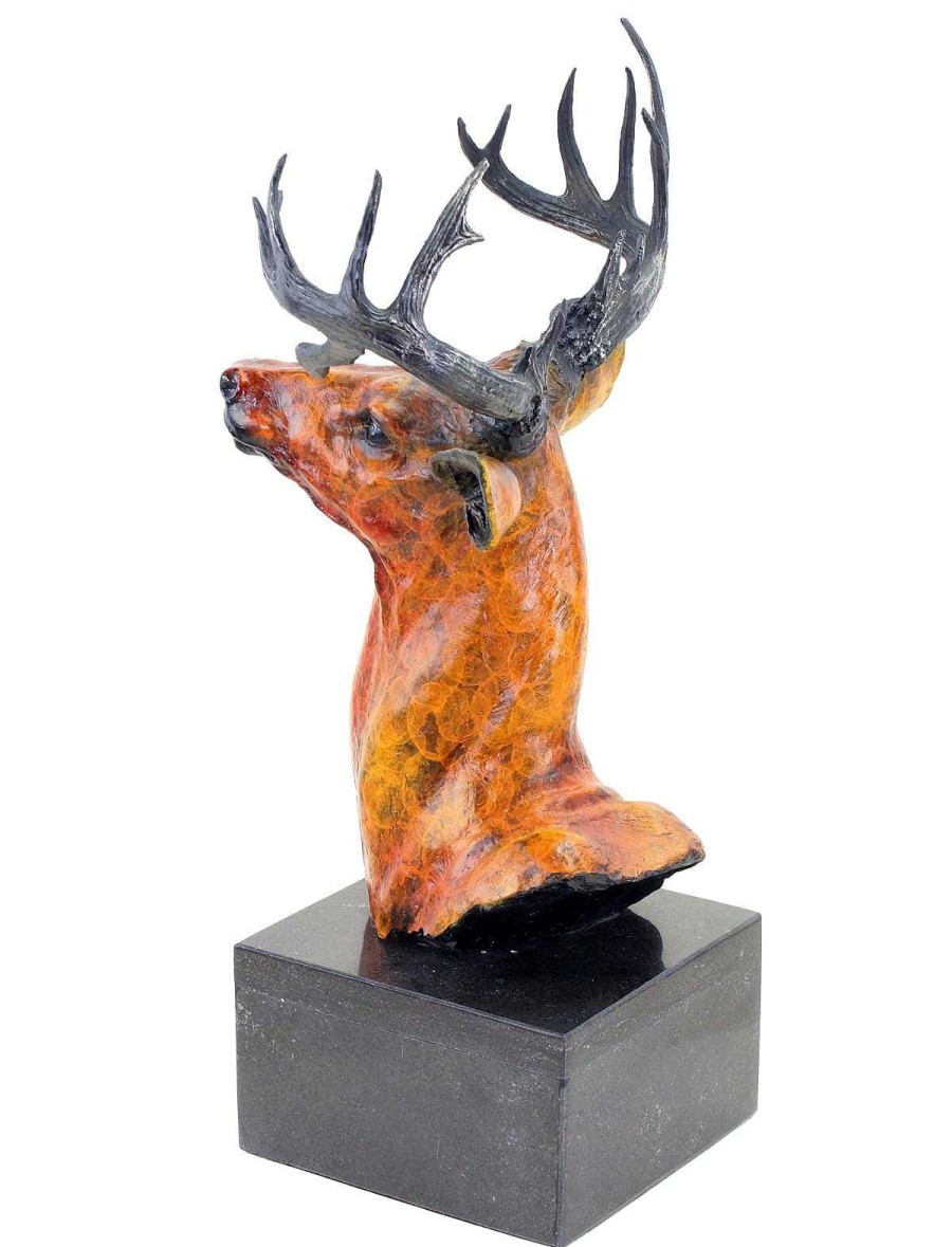 Kunst & Ambiente Tall Deer / Stag Bust - Bronze Figurine On Marble - Signed Bonheur Animal Sculptures