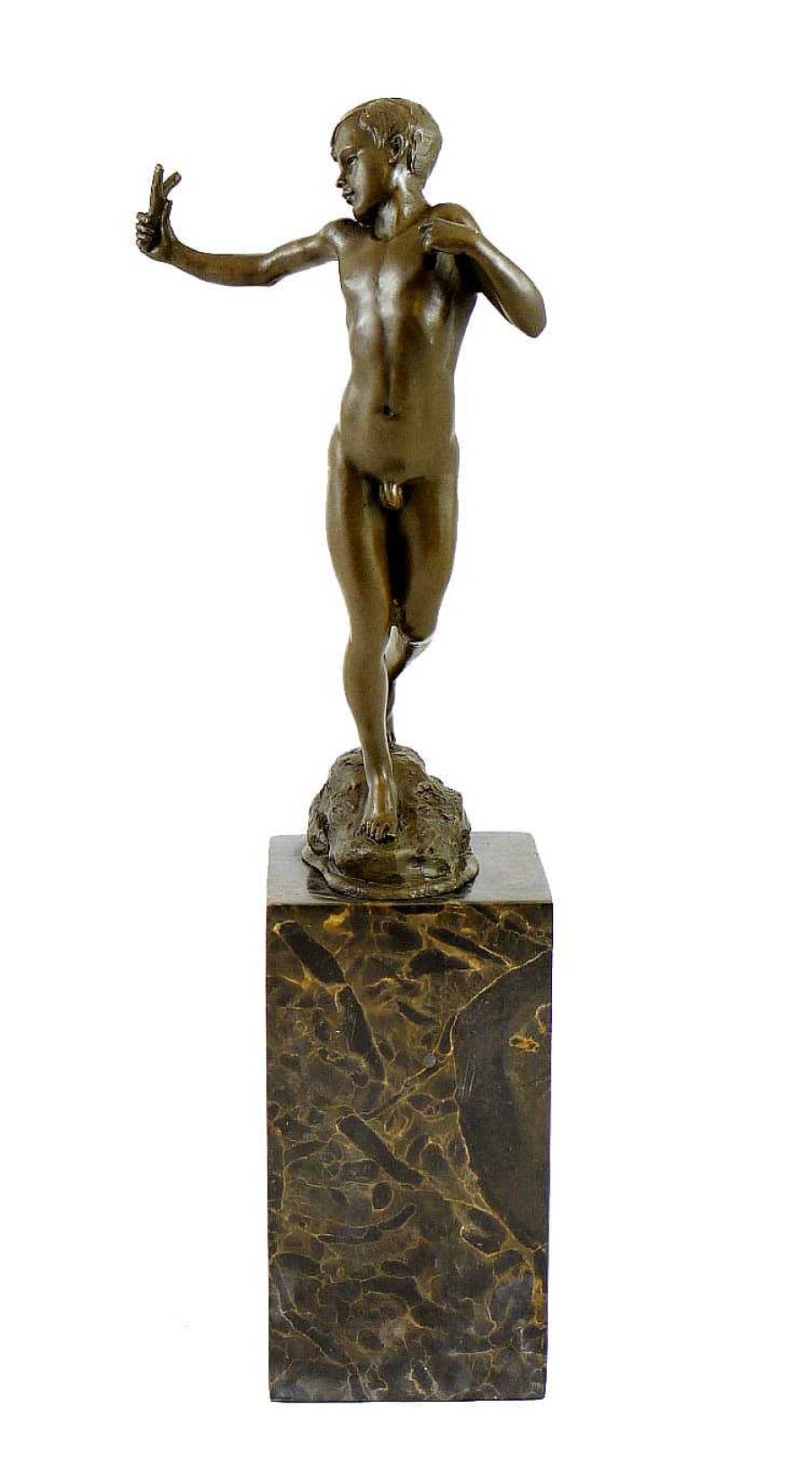 Miguel Fernando Lopez (Milo) Small Male Nude Bronze - Boy With Catapult - Signed Milo Art Nouveau Statues