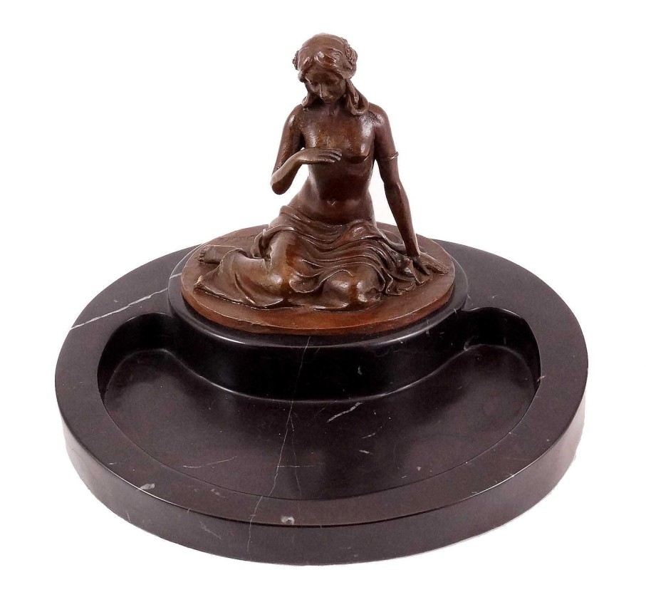 Kunst & Ambiente Female Nude On A Marble Ashtray - Sign. Dupre Art Nouveau Statues