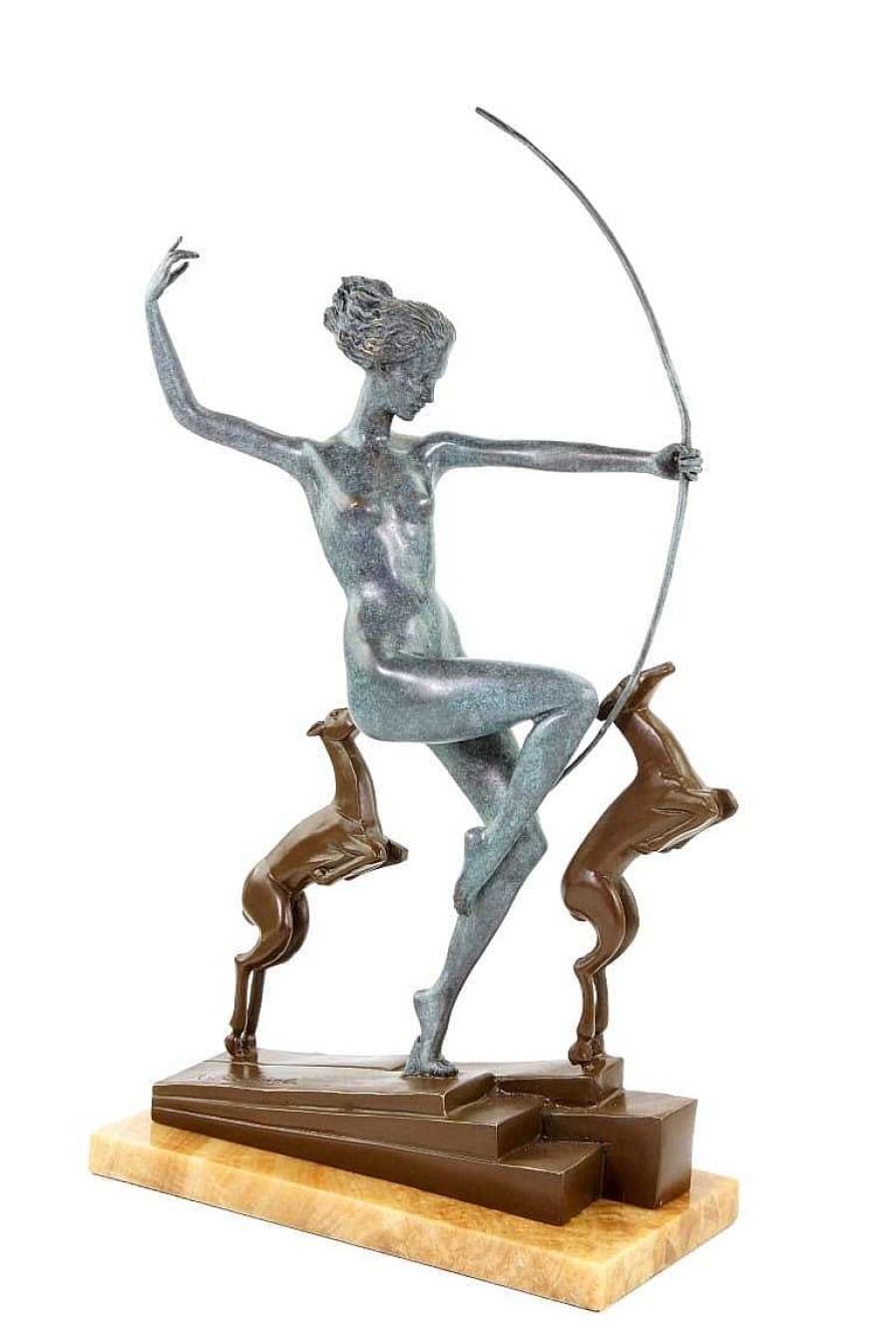 Kunst & Ambiente Art Deco Bronze Statue - Diana With Fawns - Signed A. Bouraine Art Deco Figurines