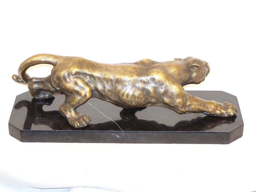 Kunst & Ambiente Creeping Panther - Stunning Animal Bronze - On Marble Base Animal Sculptures