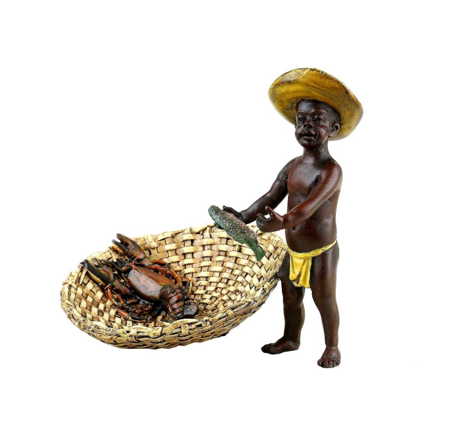 Franz Bergmann Vienna Bronze Figurine - Fishing Blackamoor With Lobster - Hand-Painted Erotic Nudes - Vienna Bronze