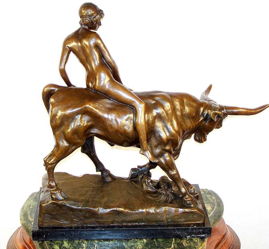 Albert Hinrich Hussmann Art Nouveau Bronze- Nude Lady On Buffalo Bull, A. Hussmann Art Nouveau Statues