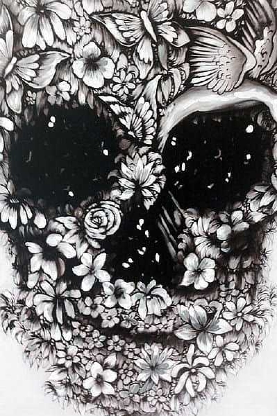 Kunst & Ambiente Flower Skull Black And White - Modern Acrylic Painting - Martin Klein Oil Painting