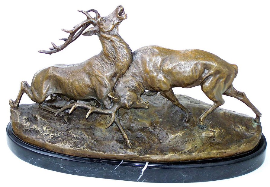 Kunst & Ambiente Animal Bronze - Fighting Deers - On Marble Base Signed Animal Sculptures