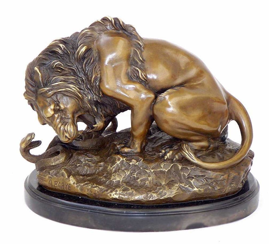 Antoine-Louis Barye Lion Fights Against A Snake - Bronze On Marblebase, Artist Signed Animal Sculptures