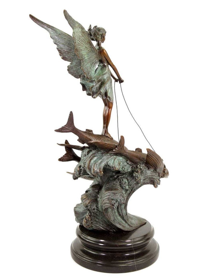 Miguel Fernando Lopez (Milo) Limited Art Nouveau Bronze Statue - Elf Riding On Flying Fish By Milo Art Nouveau Statues