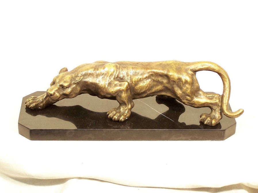 Kunst & Ambiente Creeping Panther - Stunning Animal Bronze - On Marble Base Animal Sculptures