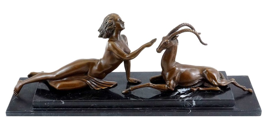 Kunst & Ambiente Female Nude With Gazelle - Art Deco Bronze - Marcel Bouraine Art Deco Figurines