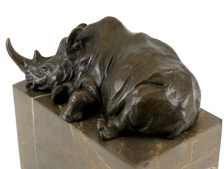 Miguel Fernando Lopez (Milo) Animal Bronze Figure - Resting Rhino On Marble - Signed By Milo Animal Sculptures