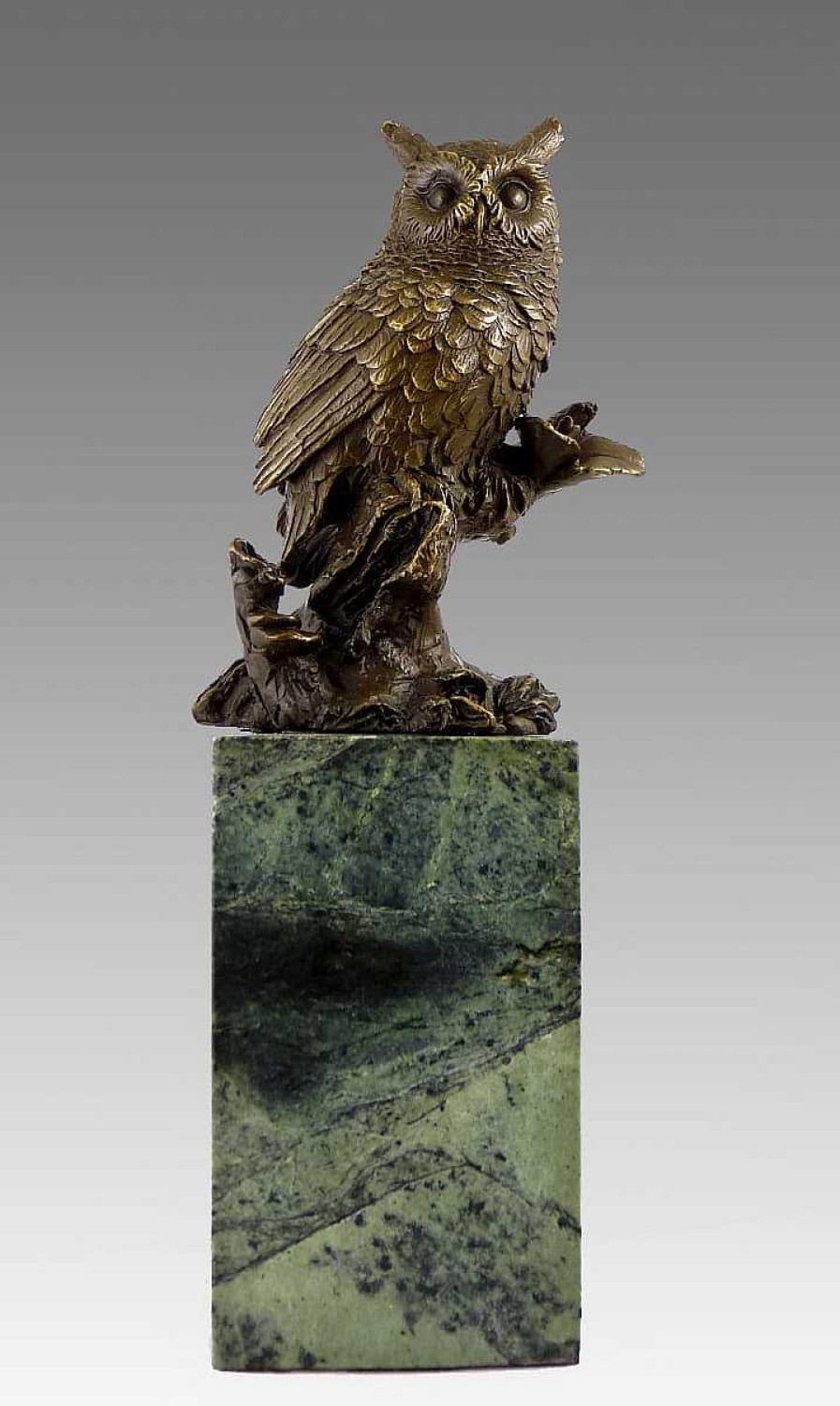 Miguel Fernando Lopez (Milo) Beautiful Bronze Owl Seated On A Branch Sculpture Created By Milo Animal Sculptures