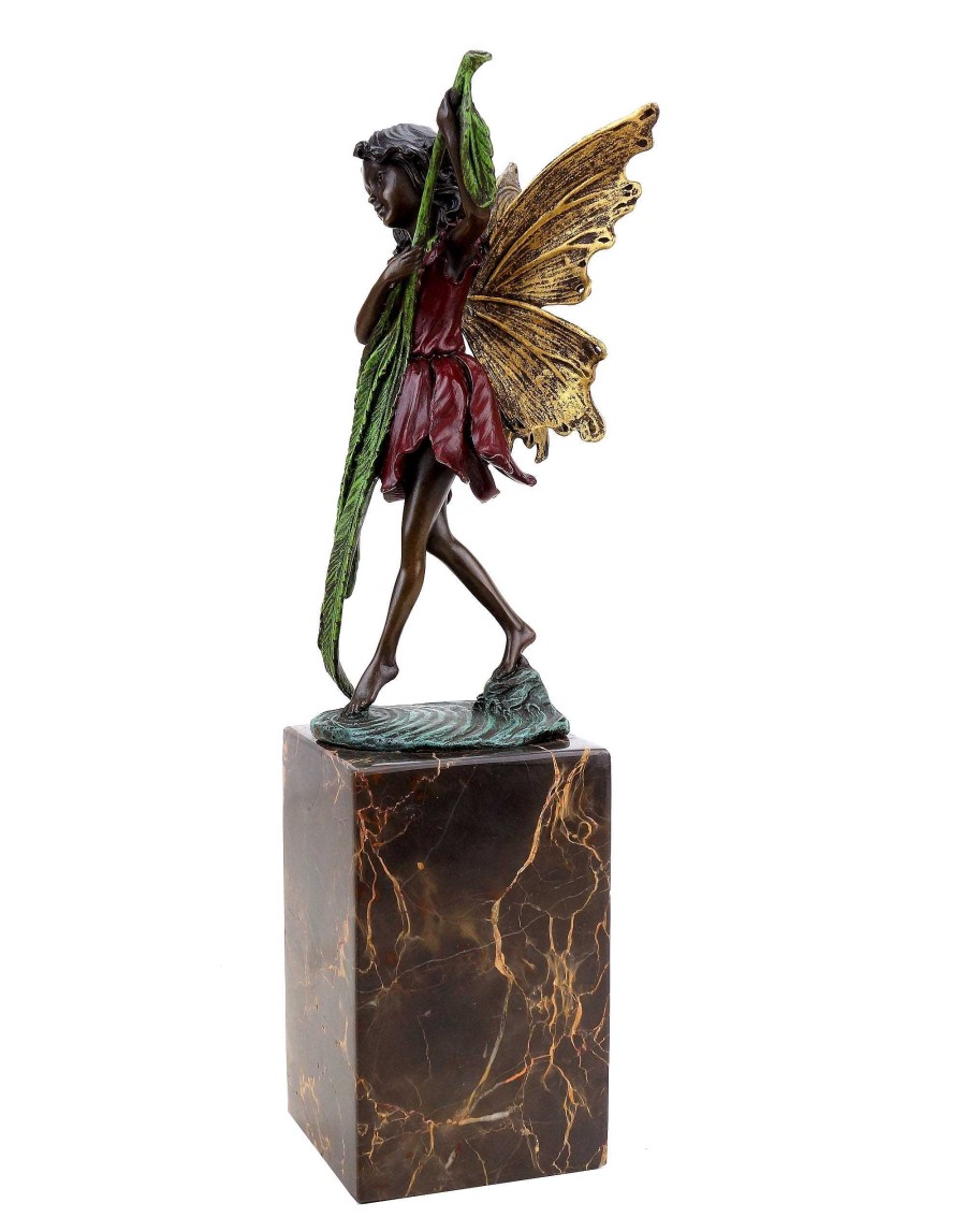 Miguel Fernando Lopez (Milo) Bronze Fairy Figurine - Cute Fairy With Fern Leaf - Art Nouveau Sculpture - Signed Milo Art Nouveau Statues