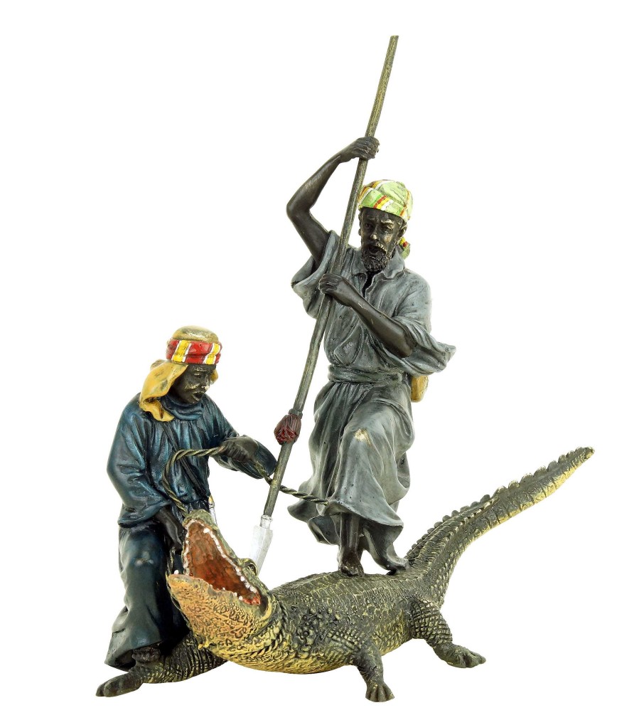 Franz Bergmann Hand Painted Vienna Bronze - Arabian Crocodile Hunters - Bergmann Erotic Nudes - Vienna Bronze