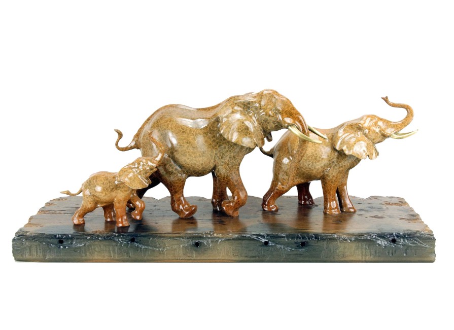 Miguel Fernando Lopez (Milo) Bronze Family Of Elephants On Ship Plank - Animal Figurine By Milo Animal Sculptures