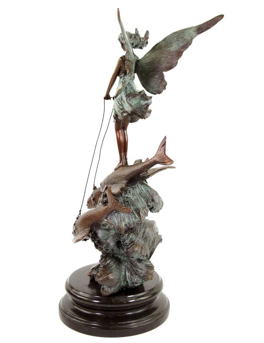 Miguel Fernando Lopez (Milo) Limited Art Nouveau Bronze Statue - Elf Riding On Flying Fish By Milo Art Nouveau Statues