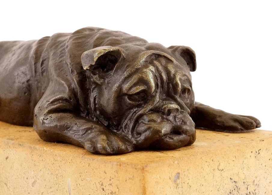 Kunst & Ambiente British Bulldog On A Yellow Natural Stone Base - Bronze Figure Animal Sculptures